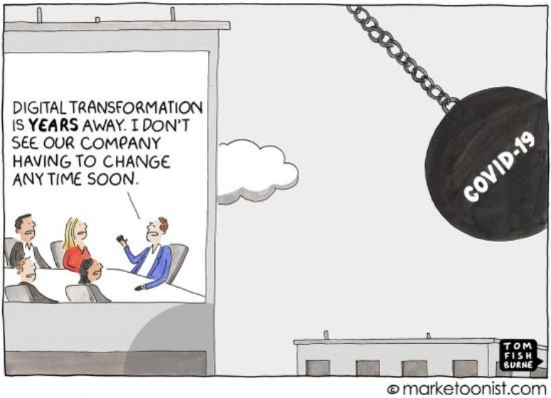 caricatura muestra a personas en oficina dialogando sobre la transformación digital